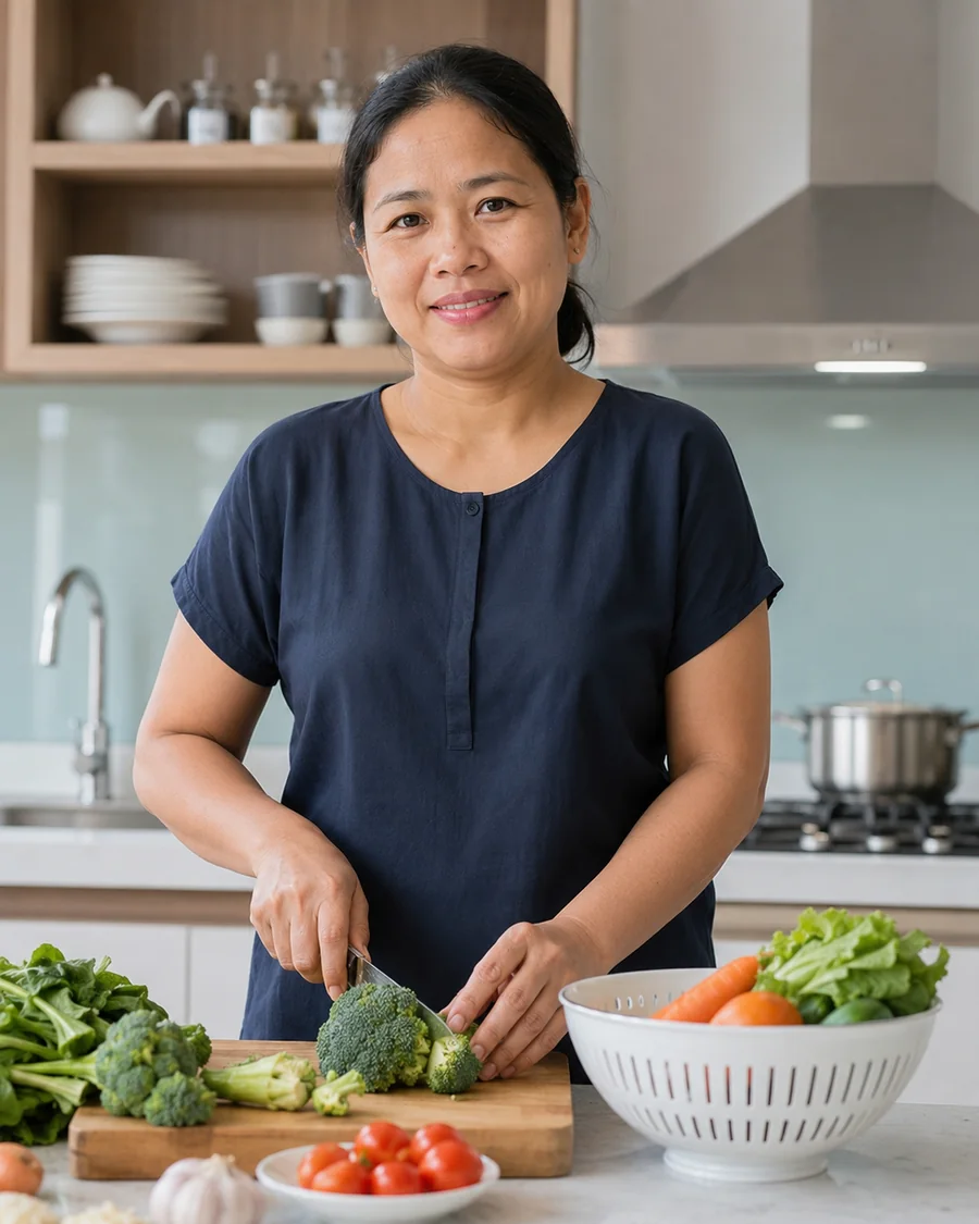 Helper preparing a home meal for a Singapore family